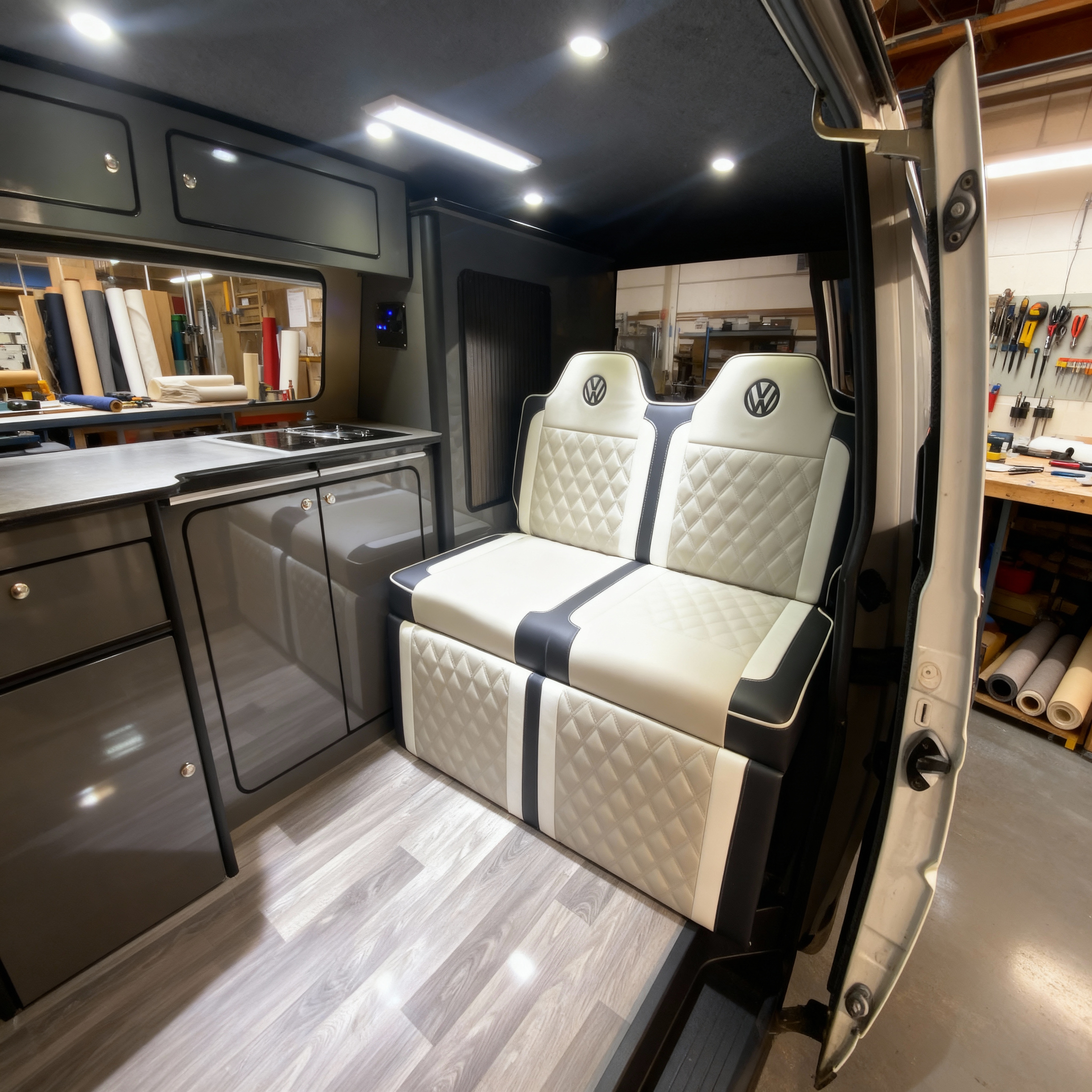 Rock n roll bed with black VW logo and grey Bentley stitched panels Blue Note Upholstery